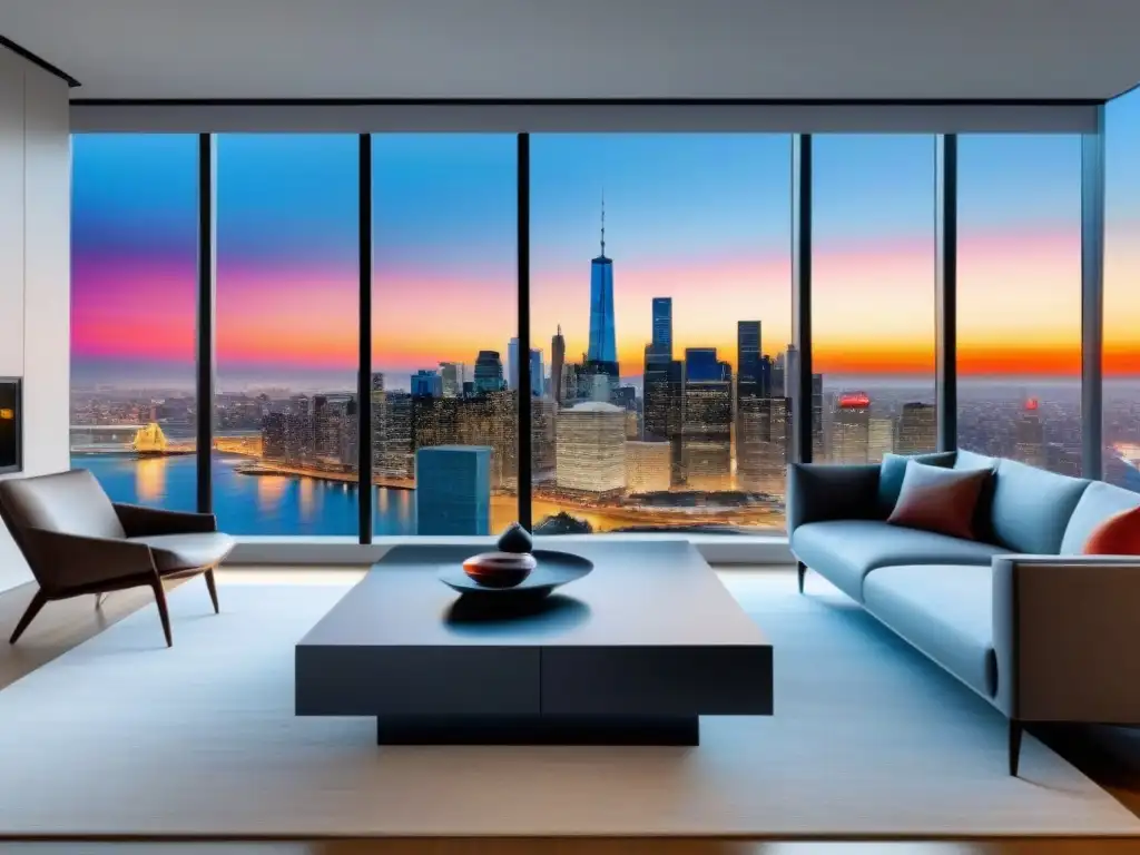 Sala de estar moderna con vista a la ciudad: lujo y sofisticación Salón moderno con vista panorámica a la ciudad, muebles minimalistas y cuadro abstracto