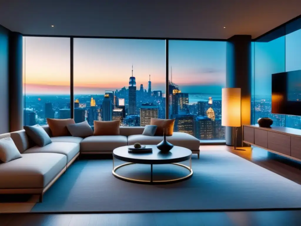 Salón moderno con vista panorámica de la ciudad al atardecer Un salón moderno con vista panorámica a la ciudad al atardecer, ideal para preferencias inmobiliarias familiares internacionales