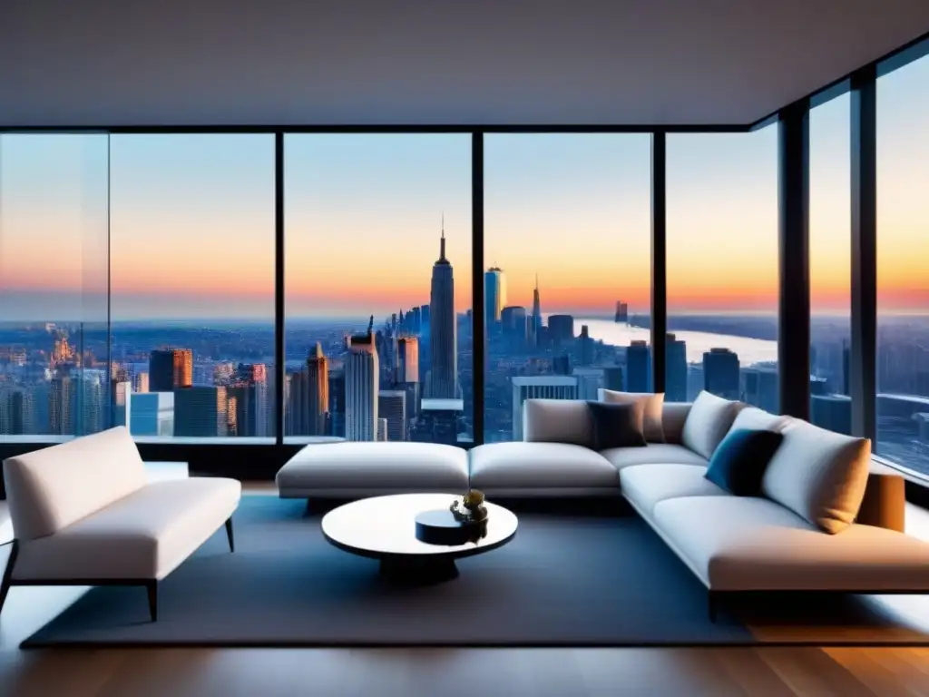 Salón de lujo con vistas panorámicas a la ciudad Salón moderno con vistas panorámicas a la ciudad, elegante y lujoso
