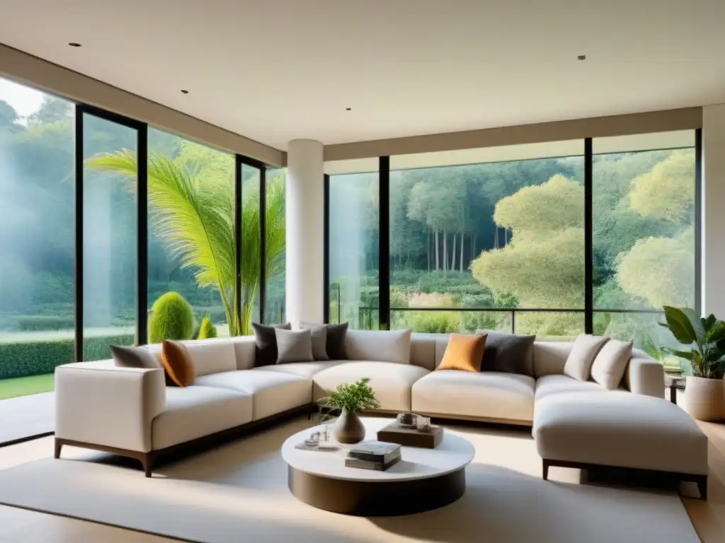 Salón contemporáneo con vistas a jardín: elegancia y confort Salón moderno con vistas a jardín verde, mobiliario elegante y elementos de diseño