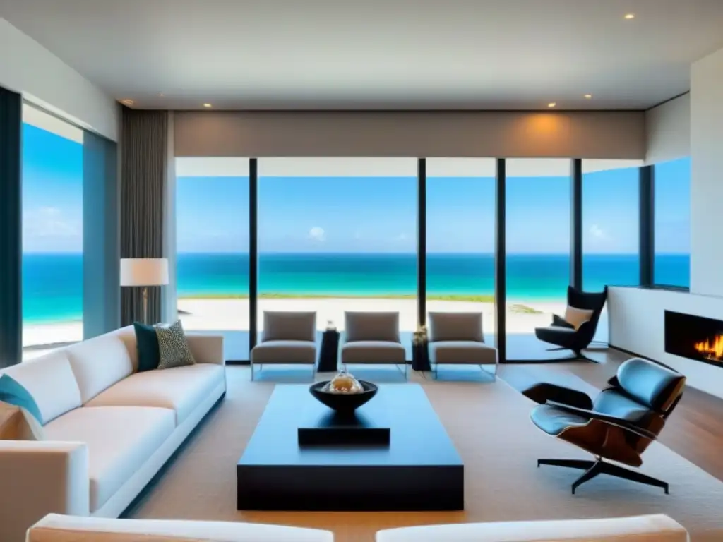Salón de lujo frente al mar con diseño moderno y vistas panorámicas Salón lujoso en propiedad de tiempo compartido frente al mar con vista panorámica, mobiliario moderno y decoración costera