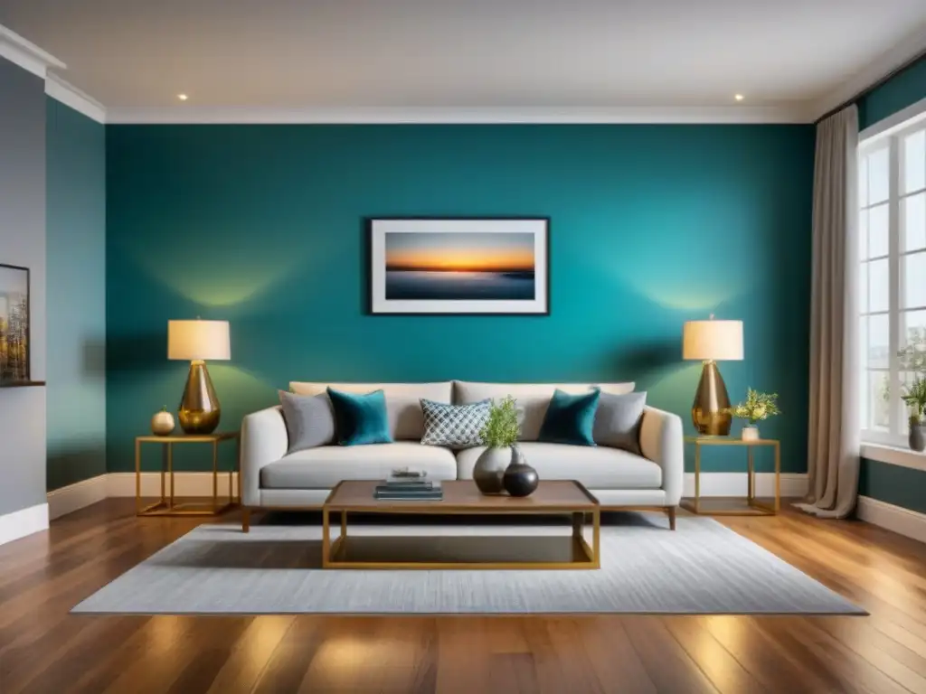 Salón renovado de lujo: paleta sofisticada y detalles dorados Salón renovado con colores para aumentar valor propiedad: sofá gris, pared turquesa y toques dorados, elegancia y calidez