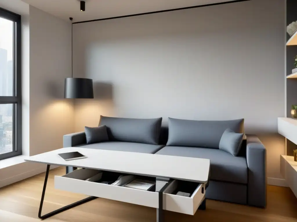Salón moderno con muebles innovadores para espacios reducidos Salón residencial moderno y funcional con diseño innovador de optimización espacios multifuncionales