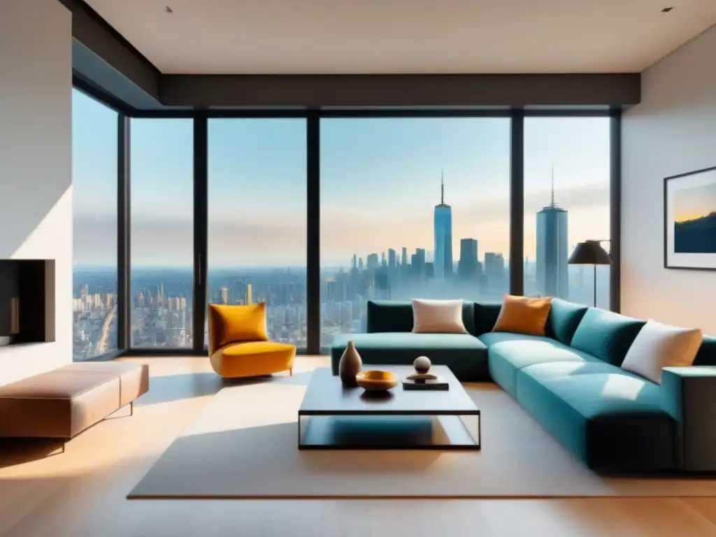 Salón moderno de lujo con diseño multifuncional y vistas urbanas Un salón de diseño residencial con muebles modernos y espacios multifuncionales, optimización espacios multifuncionales diseño residencial