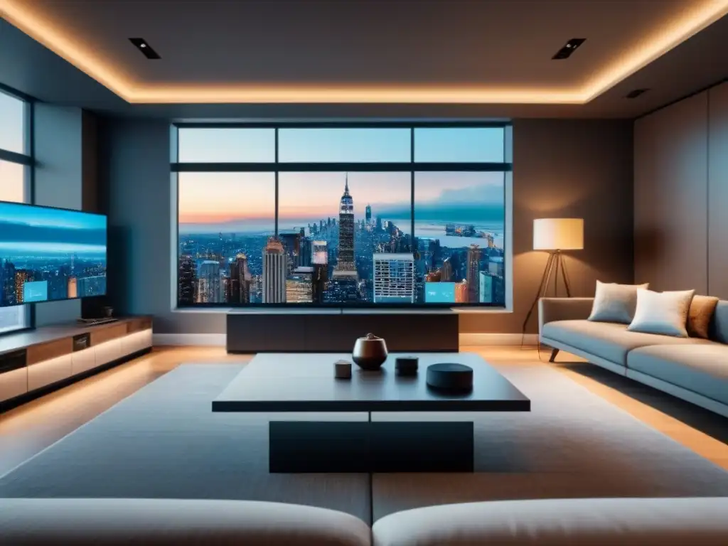 Tour virtual de lujo en sala moderna con tecnología VR Salón lujoso con tecnología de Realidad Virtual en Visitas Inmobiliarias, con headset VR y cityscape