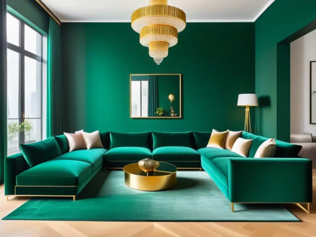 Salón de lujo con verde esmeralda y acentos dorados Salón lujoso con tonos verde esmeralda y detalles en oro, muebles de terciopelo