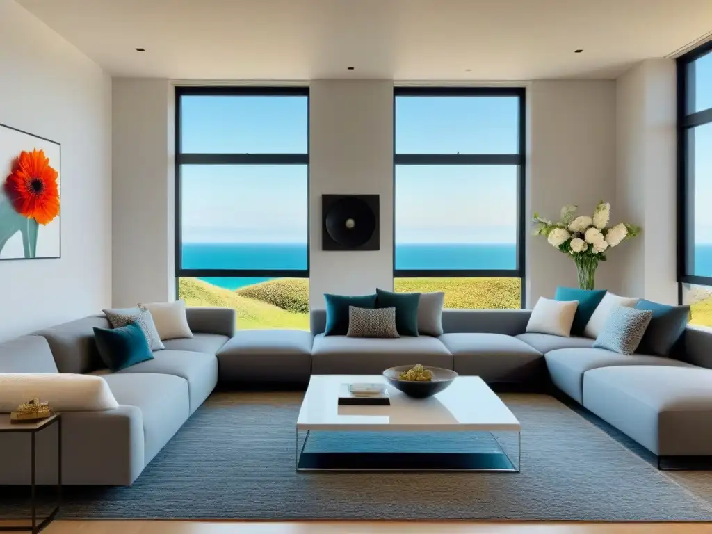 Diseño moderno y relajante en alquiler vacacional junto al mar Un salón vacacional moderno y sereno con estrategias alquileres vacacionales corto plazo, sofá gris, ventana con vista al mar y decoración minimalista