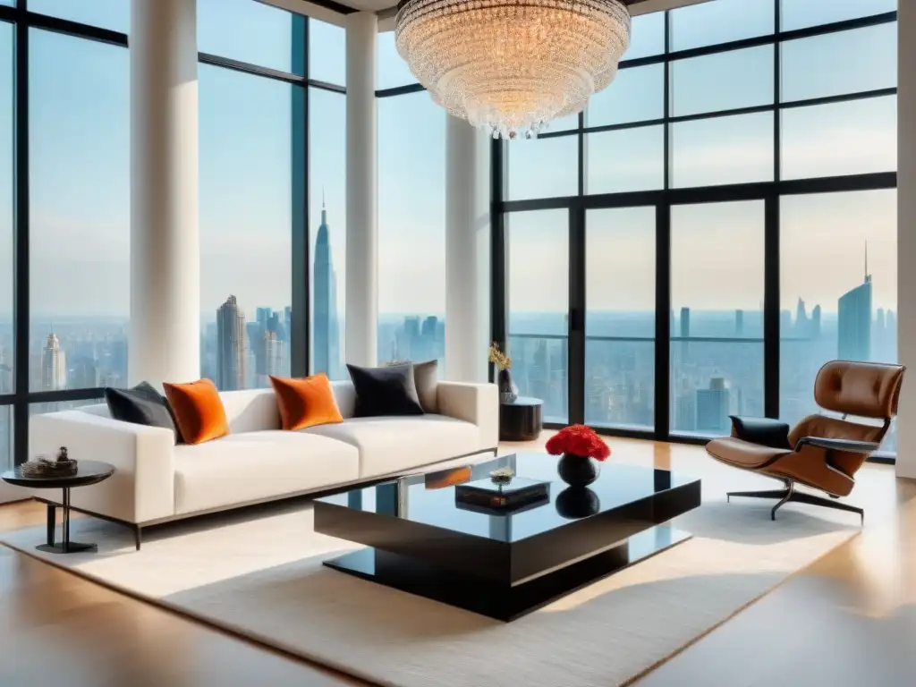 Salón de lujo con vista panorámica en penthouse moderno Salón lujoso con vistas panorámicas, sofá blanco, arte abstracto y chandelier