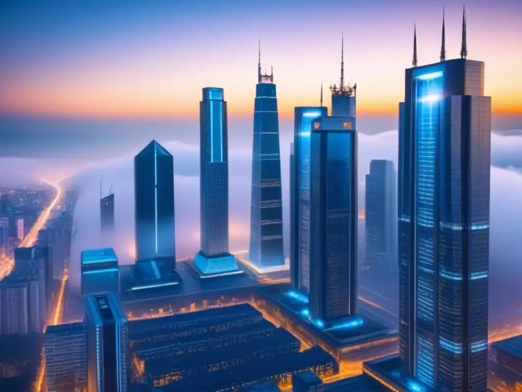 Metrópolis futurista con tecnología blockchain integrada Regulación blockchain sector inmobiliario: Ciudad futurista con rascacielos y tecnología blockchain integrada en la arquitectura tradicional