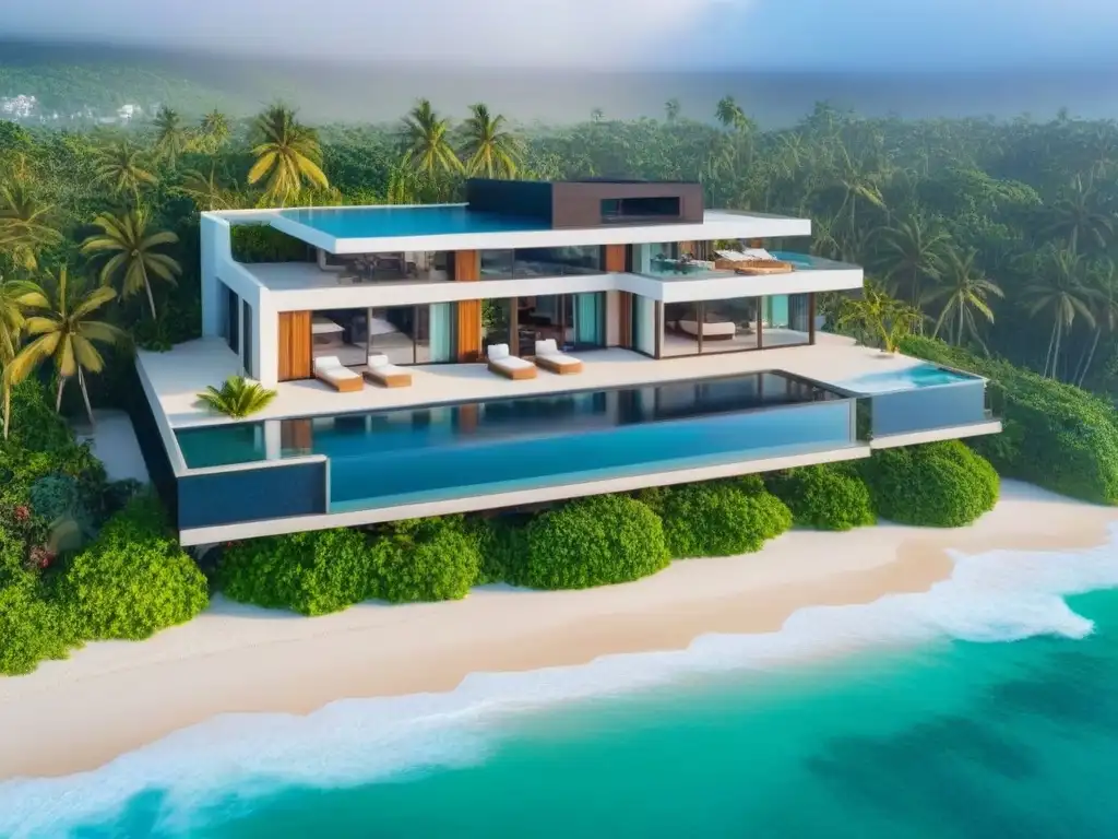 Villa de lujo frente al mar en Norteamérica: diseño moderno y atardecer vibrante Segunda residencia en Norteamérica: lujosa villa frente al mar con diseño arquitectónico moderno, piscina infinita y atardecer vibrante