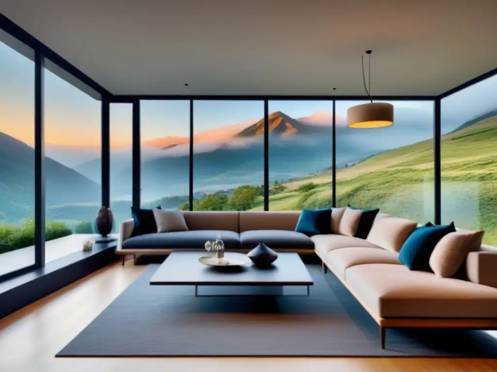 Sala de estar de lujo con vista a la montaña Rentabilizar segunda residencia en Norteamérica con vista a la montaña y lujoso salón moderno para relajarse