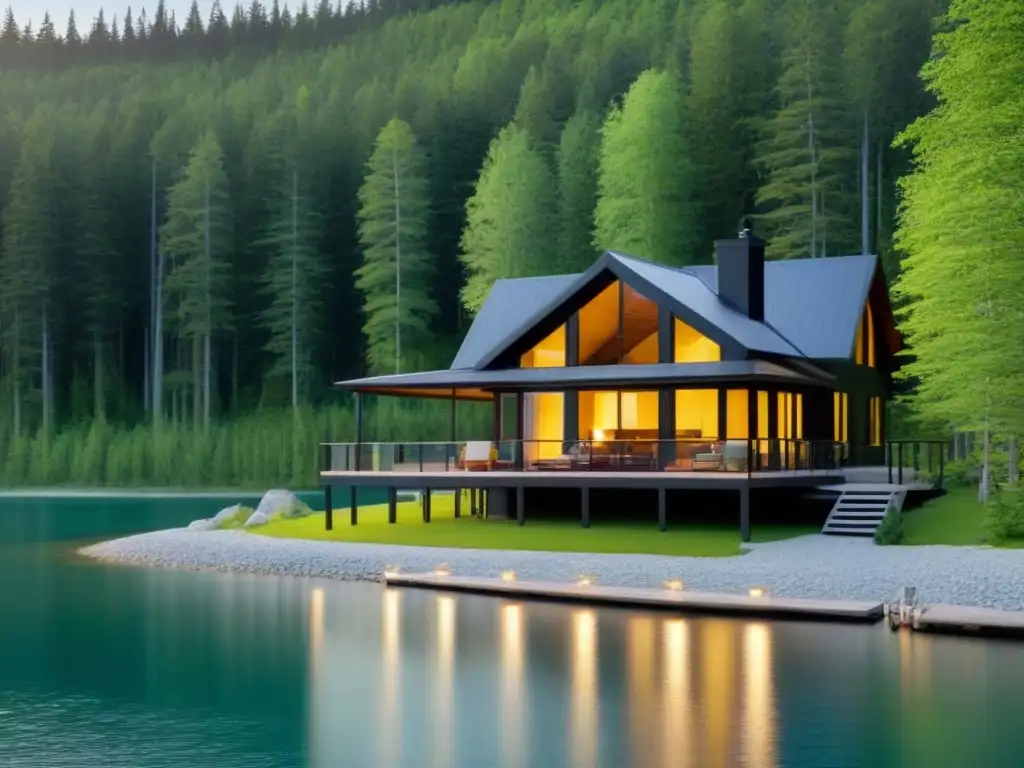 Cabina de lujo en el bosque: refugio perfecto en América del Norte Invertir en segundas residencias en Norteamérica: Una cabaña de lujo junto al lago en un entorno natural sublime al atardecer