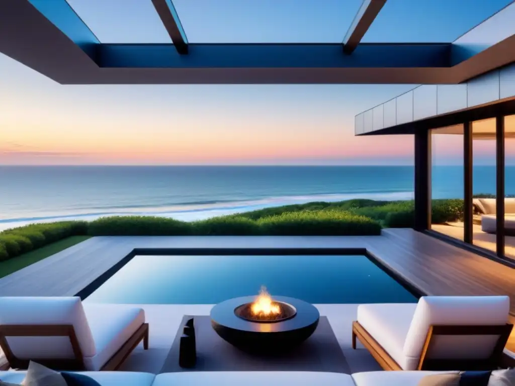 Villa de lujo con piscina infinita en los Hamptons al atardecer Invertir en segundas residencias internacionales: lujosa villa en Hamptons con piscina infinita y vista al mar al atardecer