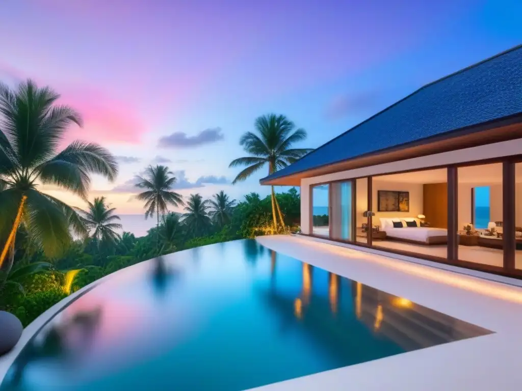Villa de lujo en paraíso tropical: piscina infinita, vistas al mar Invertir en segundas residencias internacionales: Una lujosa villa en la playa con vista al mar y al atardecer tropical