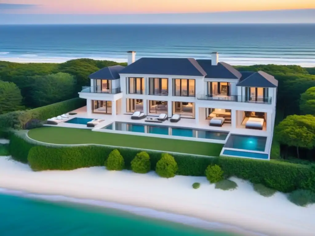 Residencia de lujo en Hamptons: exclusividad frente al mar Invertir en segundas residencias internacionales: Mansión moderna en Hamptons con piscina infinita y vistas al océano al atardecer