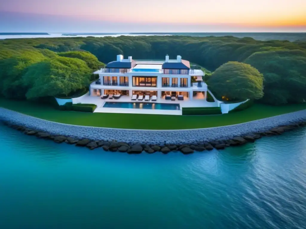 Residencia de lujo en los Hamptons: atardecer dorado y elegancia sublime Invertir en segundas residencias en Norteamérica: Mansión de lujo en los Hamptons con piscina infinita y yate al atardecer