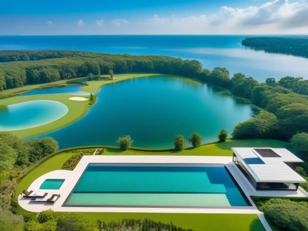 Residencia de lujo: Mansión moderna con vista al lago Segundas residencias de lujo en Norteamérica: mansión moderna con helipuerto, canchas de tenis y piscina infinita, rodeada de naturaleza y lago