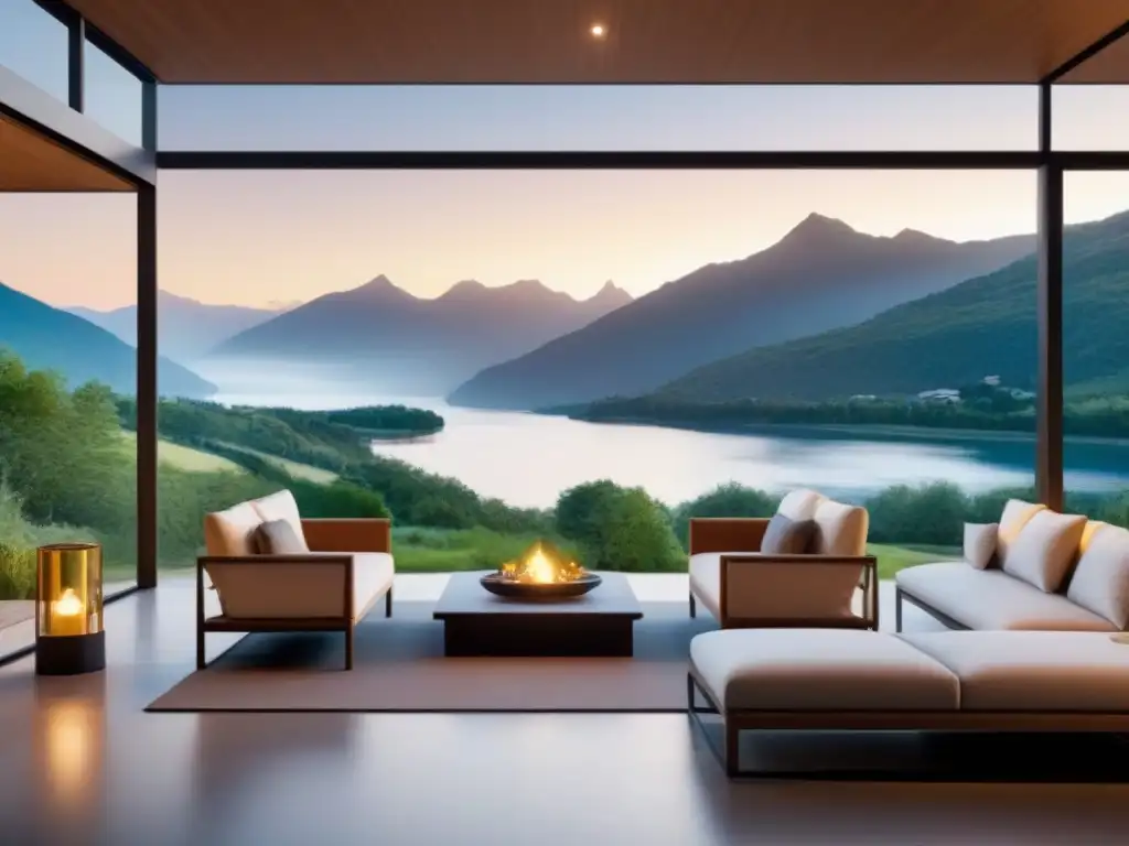 Refugio de ensueño: Residencia de lujo en paisajes de América del Norte Segundas residencias en Norteamérica: una lujosa casa moderna con vistas a montañas, lago y exuberante naturaleza al atardecer