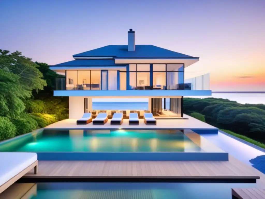 Villa de lujo en los Hamptons: elegancia frente al mar Invierte en segundas residencias en Norteamérica: lujosa villa de diseño frente al mar en los Hamptons al atardecer