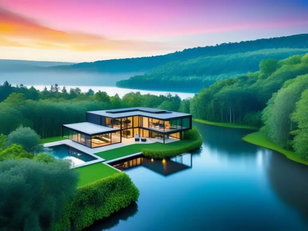 Residencia de lujo entre bosques y lago al atardecer Invierte en segundas residencias en Norteamérica: moderna casa de lujo entre bosques verdes y lago sereno al atardecer