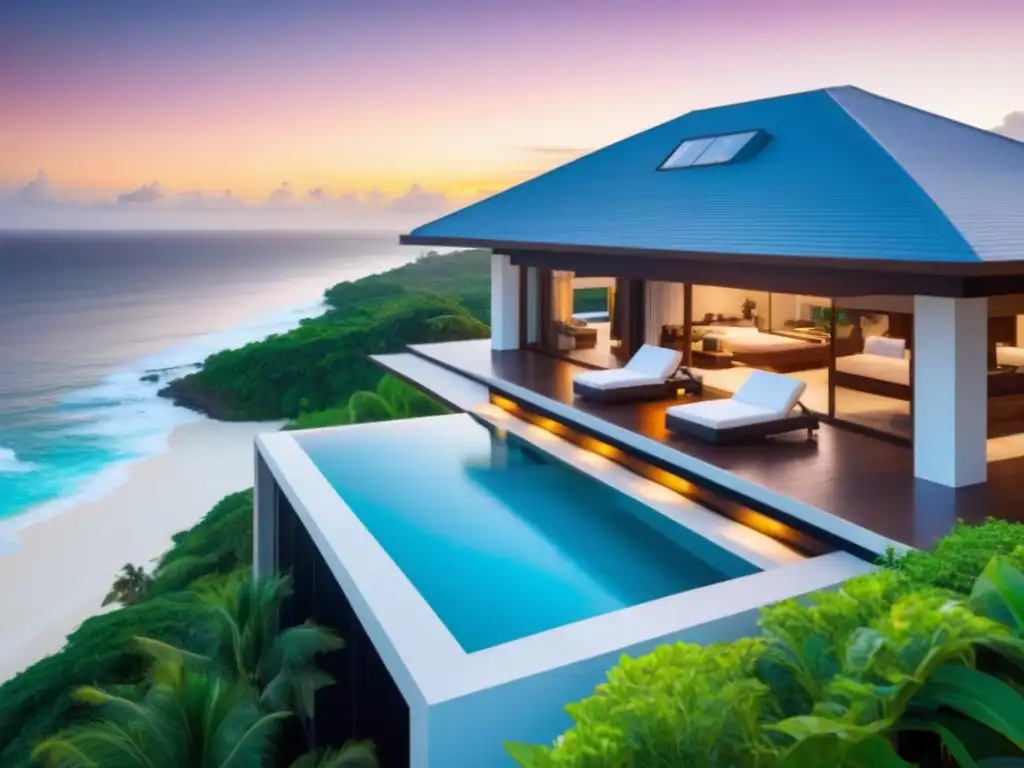 Villa de lujo frente al mar en Norteamérica: atardecer dorado Invertir en segundas residencias Norteamérica: Villa lujosa frente al mar con piscina infinita y atardecer dorado