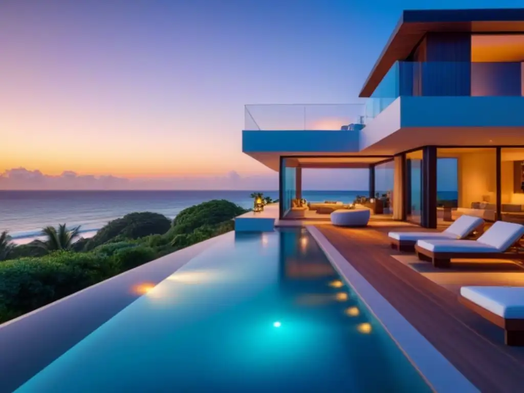 Propiedad de lujo en la playa al atardecer: arquitectura moderna y elegante Inversión segura propiedades vacacionales: Una lujosa propiedad moderna con vista a la playa al atardecer