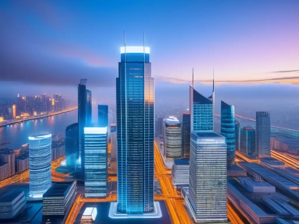 Seguridad 5G en rascacielos futurista Seguridad inmobiliaria con tecnología 5G en un rascacielos futurista y moderno