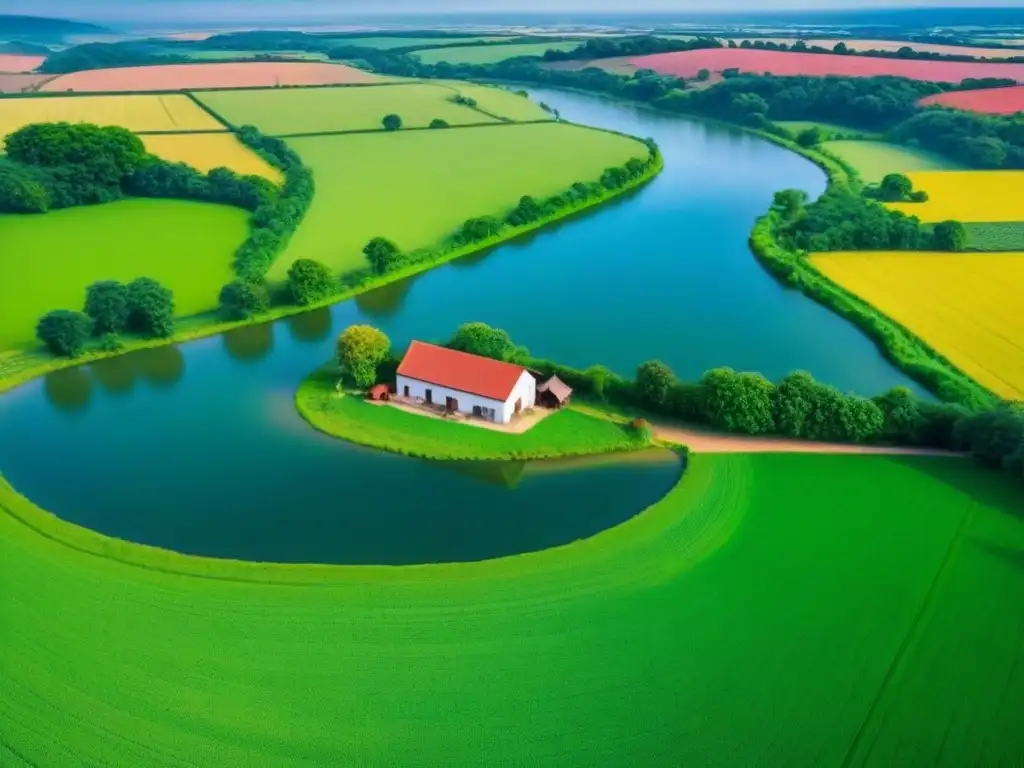 Campiña verde: Casa rural rodeada de naturaleza tranquila Una serena vista aérea de extensos campos verdes, colinas ondulantes, un río serpenteante y un cielo azul claro