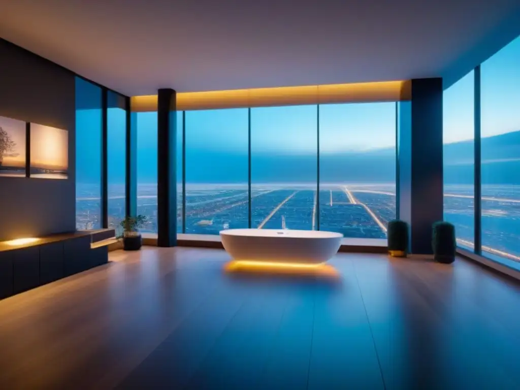 Innovación inmobiliaria: sala futurista con hologramas interactivos Un showroom futurista con diseño minimalista y tecnología holográfica, creando una atmósfera innovadora y profesional