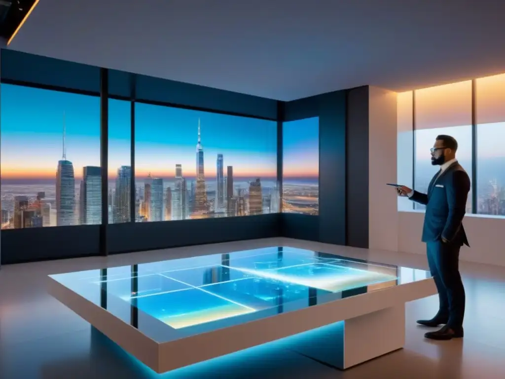 Showroom inmobiliario futurista con realidad aumentada 8k Un showroom inmobiliario ultramoderno con tecnología de realidad aumentada, profesionales fascinados