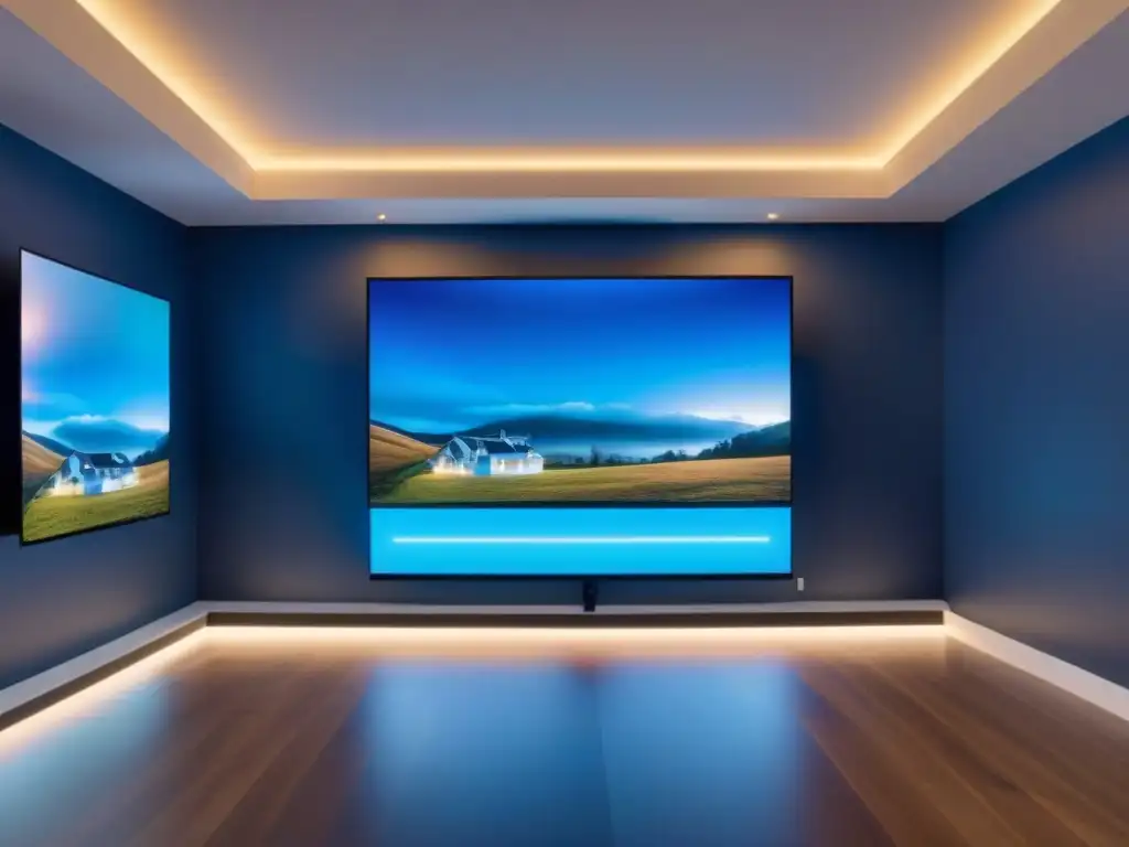 Salón inmobiliario futurista con tecnología VR de vanguardia Un showroom inmobiliario ultramoderno con tecnología de realidad virtual, displays holográficos y clientes inmersos en tours virtuales