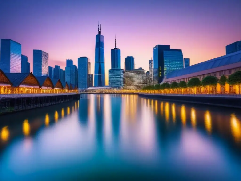 Oportunidades inmobiliarias al anochecer: éxito garantizado Silueta de rascacielos iluminados reflejados en un río al anochecer, ideal para estrategias éxito inversión inmobiliaria novatos