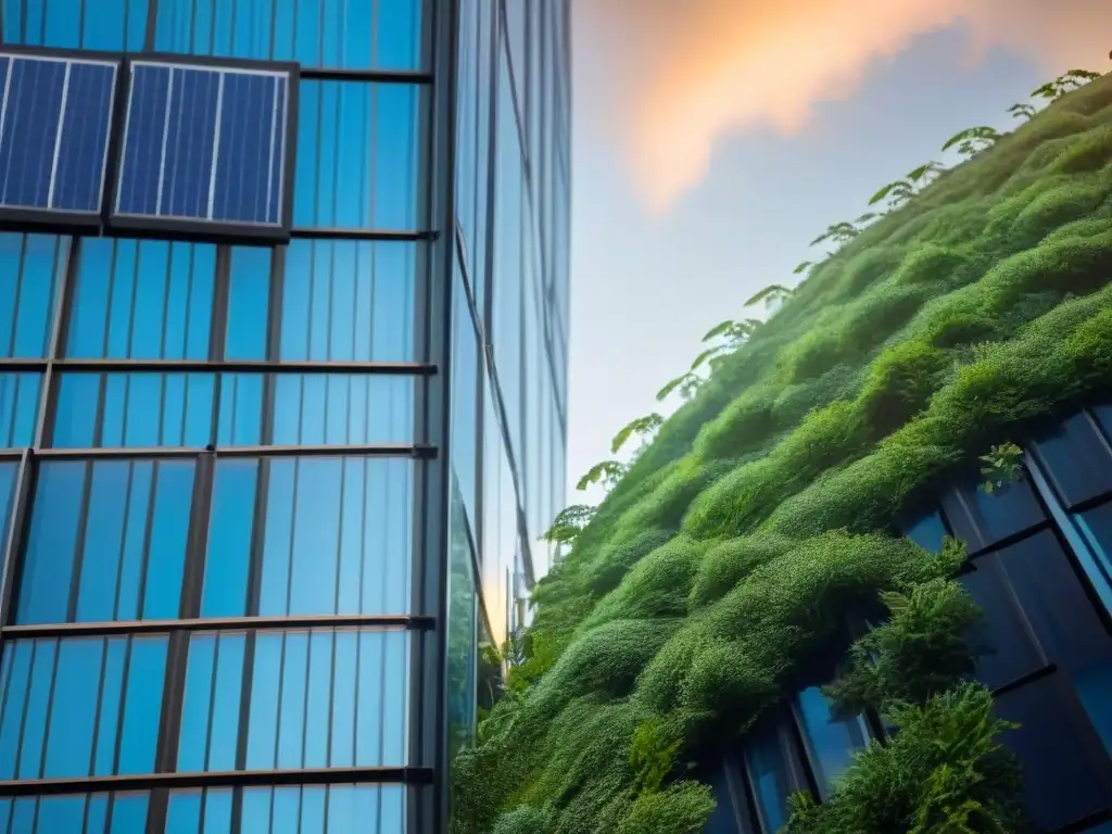 Rascacielos innovador con paneles solares al atardecer Silueta de rascacielos vanguardista con paneles solares integrados al atardecer, reflejando eficiencia energética edificios globales