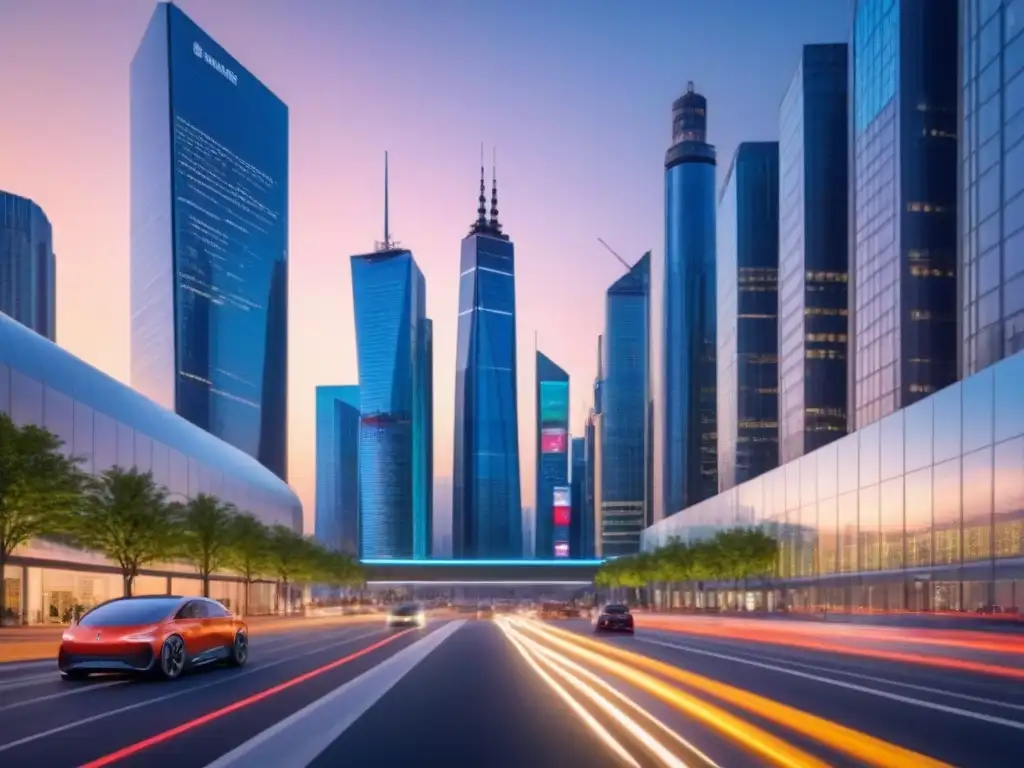 Metrópolis futurista: innovación urbana y progreso tecnológico Sinergias postfusión inmobiliaria global: Ciudad futurista al anochecer con rascacielos iluminados y tecnología integrada en la infraestructura urbana