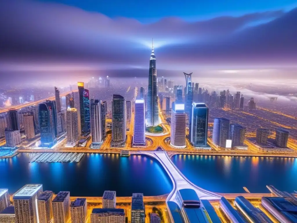 Metrópolis futurista: innovación y sinergias post-merger en bienes raíces Sinergias postfusión inmobiliaria global: Ciudad futurista de noche con rascacielos iluminados, autos voladores y hologramas