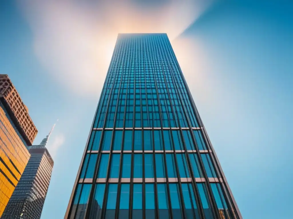 Edificio moderno en metrópolis vibrante Sinergias postfusión mercado inmobiliario: Edificio moderno en ciudad vibrante, reflejando vida urbana dinámica en vidrios relucientes al sol