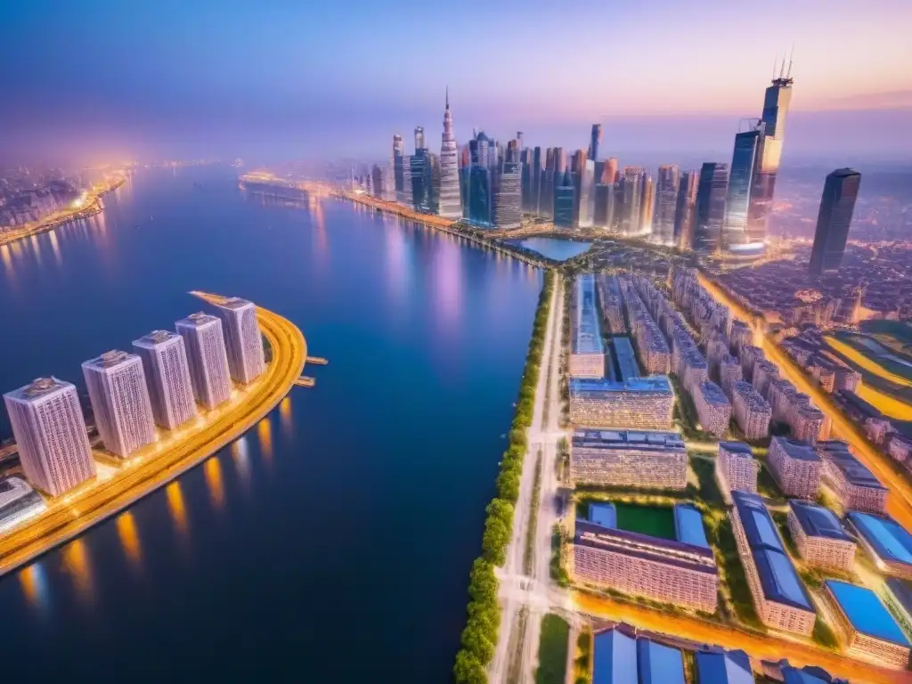 Espléndida metrópolis al atardecer: símbolo de éxito y dinamismo urbano Sinergias postfusión en mercado inmobiliario: Metrópolis nocturna con rascacielos iluminados reflejados en un río tranquilo