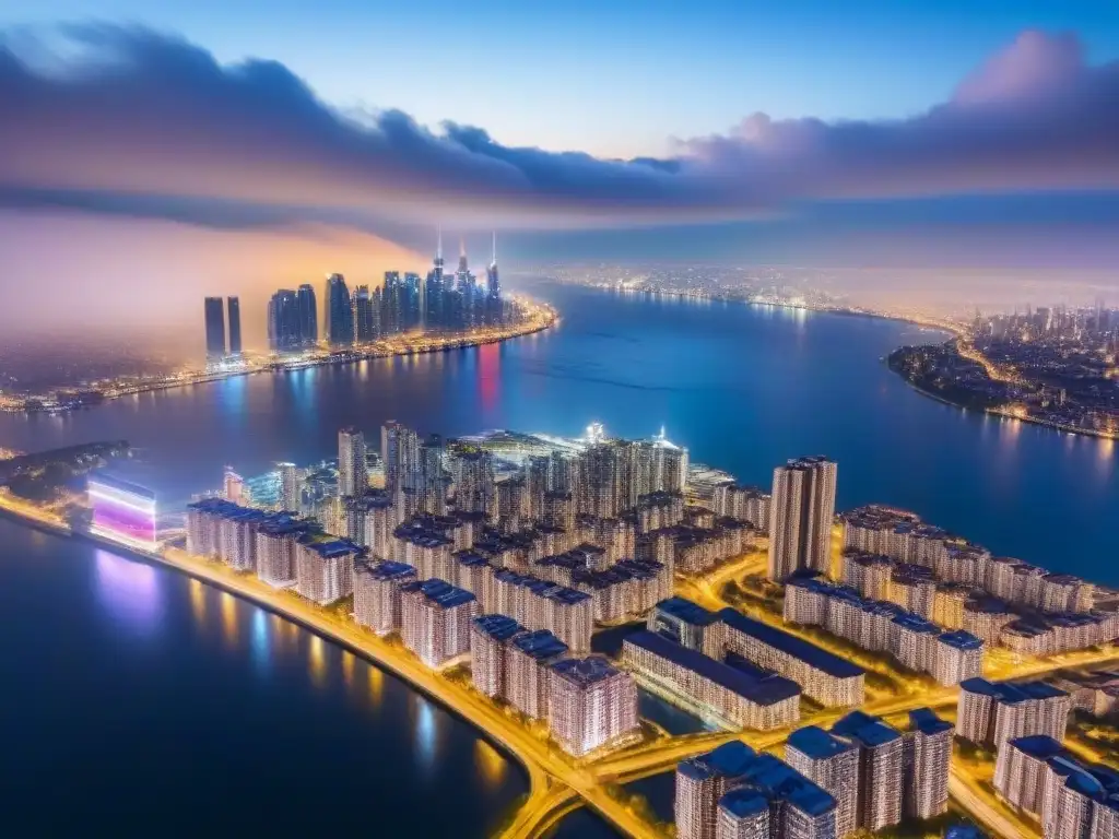 Horizonte nocturno: metrópolis luminosa en río tranquilo Sinergias postfusión rentabilidad inmobiliaria: Vista aérea nocturna de una ciudad con rascacielos iluminados y río sereno