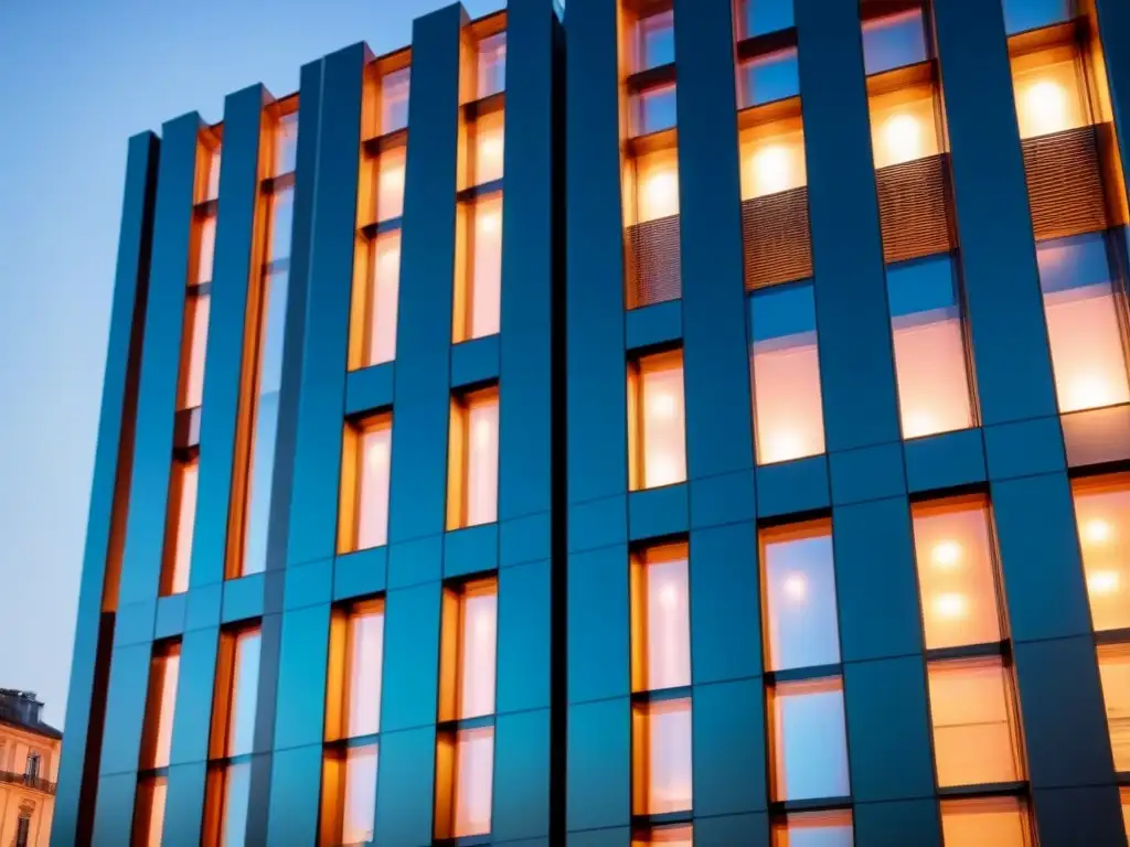 Edificio futurista con avanzado sistema de ventilación integrado Sistema de ventilación en edificio futurista con paneles metálicos y diseño innovador destacando tecnología de vanguardia