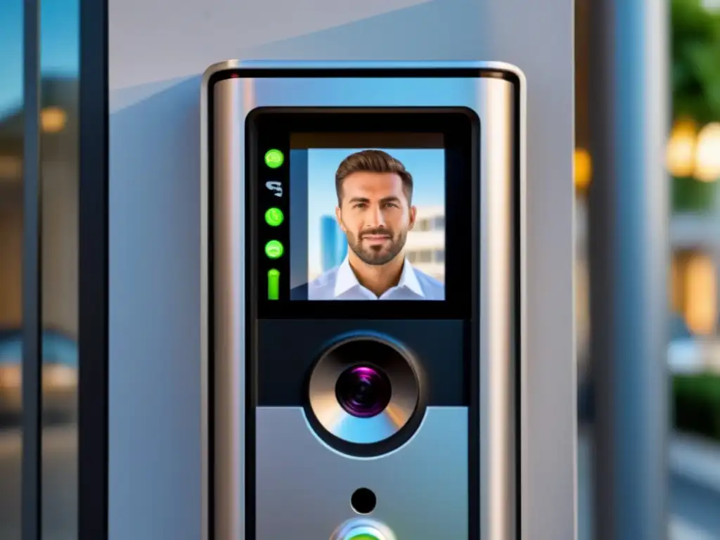 Facial Recognition: Integración Avanzada en Control de Acceso Inmobiliario Un sistema de reconocimiento facial integrado en un acceso inmobiliario moderno, con tecnología avanzada
