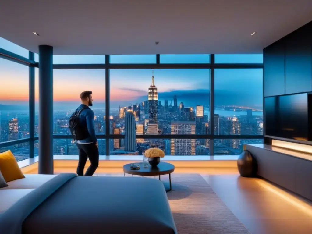 Sistema de seguridad digital futurista en apartamento de lujo moderno Sistema de seguridad digital futurista en un lujoso apartamento con tecnología de reconocimiento facial y control remoto
