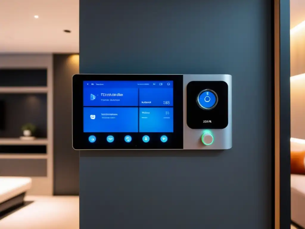 Seguridad inteligente para hogar futurista: biometría y cámaras avanzadas Sistema de seguridad futurista en un hogar inteligente, integrando tecnología avanzada con decoración moderna