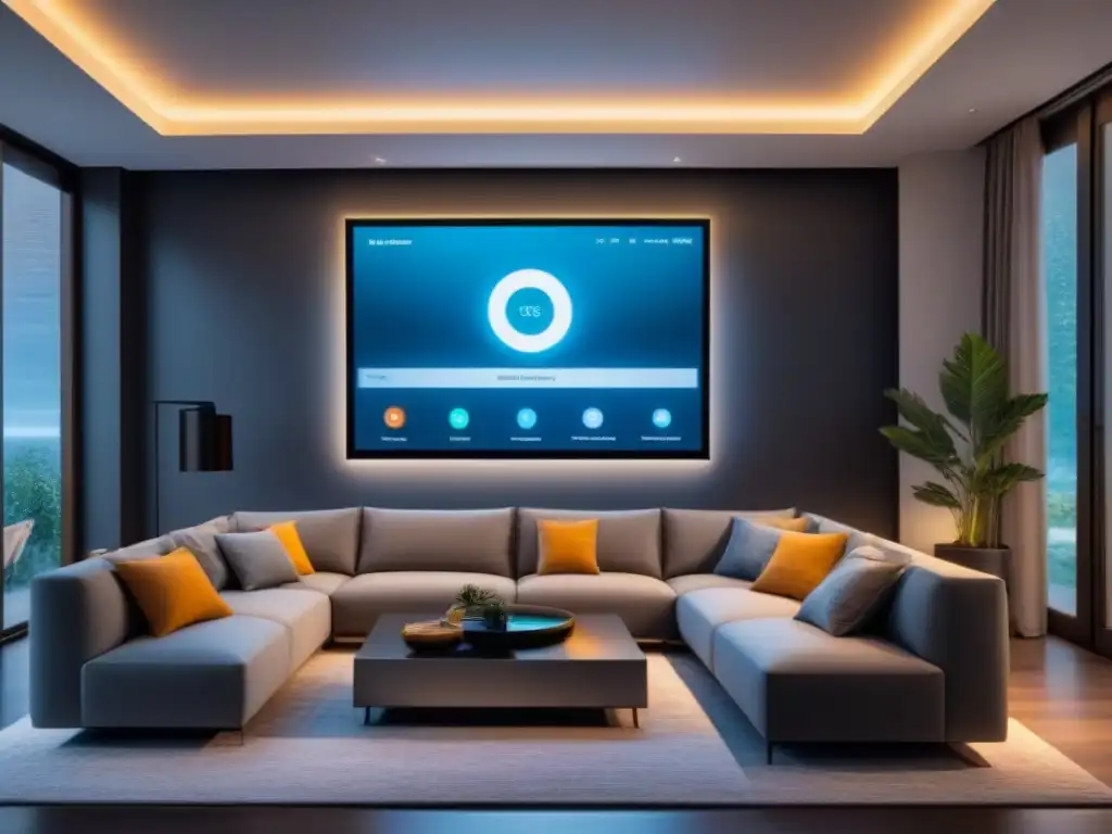 Seguridad inteligente para hogar futurista en sala contemporánea Un sistema de seguridad para hogar futurista en un ambiente contemporáneo