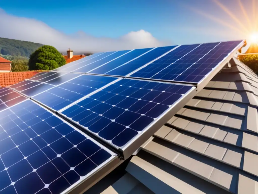 Sistema solar moderno en casa contemporánea Un sistema solar moderno y elegante instalado en un techo contemporáneo, resaltando eficiencia energética y diseño sostenible