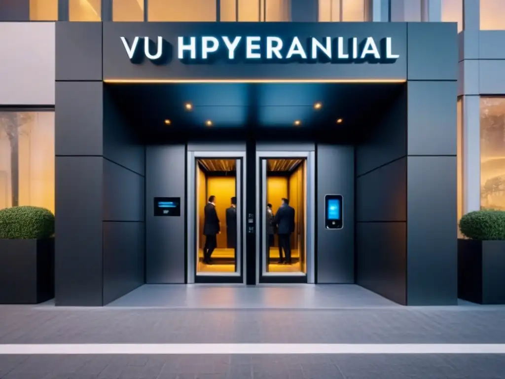 Entrada futurista con tecnología de reconocimiento facial integrada Sistemas de reconocimiento facial en entrada futurista de edificio, fusionando diseño moderno y seguridad avanzada