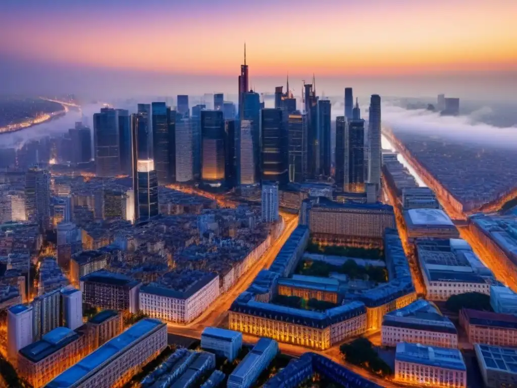 Contraste urbano al atardecer: luces y arquitectura en evolución Skyline de ciudad al atardecer con mezcla de edificios modernos y arquitectura histórica, iluminada por luces vibrantes