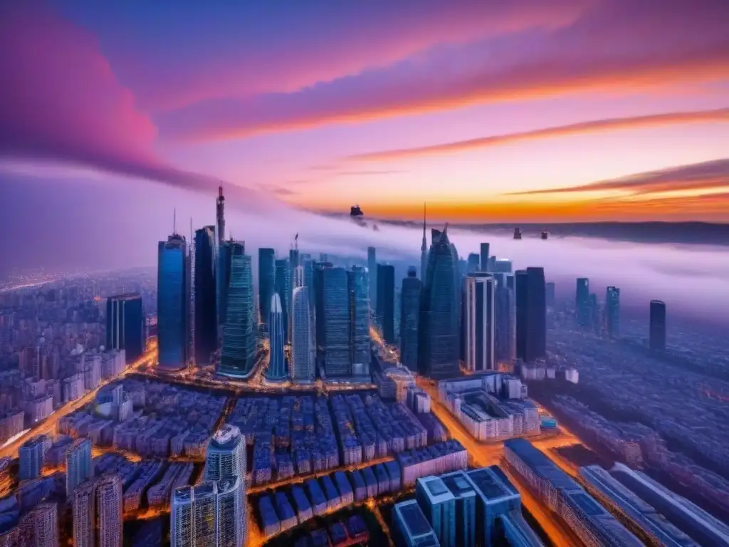 Horizonte urbano en evolución: propiedad global en debate El skyline de una ciudad bulliciosa al atardecer, con rascacielos modernos iluminados contra un cielo pintado en cálidos tonos de naranja y rosa