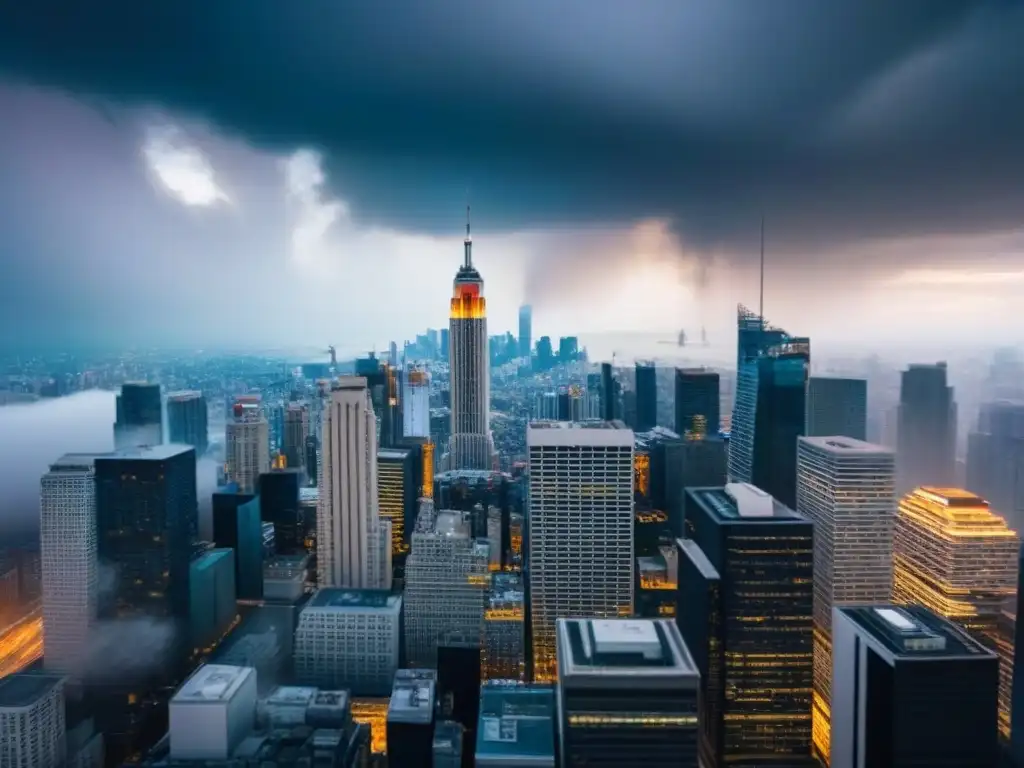 Skyline en crisis financiera: tormenta sobre rascacielos y gente preocupada Skyline de ciudad en crisis financiera, con rascacielos y números bursátiles, personas preocupadas y nubes oscuras, representando Inversiones inmobiliarias internacionales durante crisis