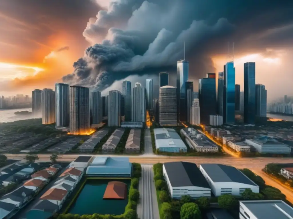 Skyline urbano: fortaleza ante desastres naturales Skyline de ciudad moderna con desastre natural inminente, evoca protección inversión mercado inmobiliario