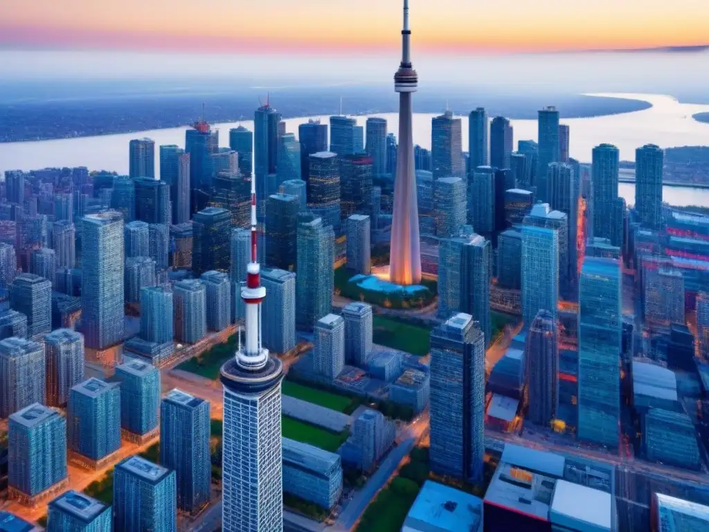 Esplendor multicultural: atardecer en el horizonte de Toronto Un skyline diverso de Toronto iluminado por el sol, reflejando el modelo de diversidad y desarrollo urbano de la ciudad